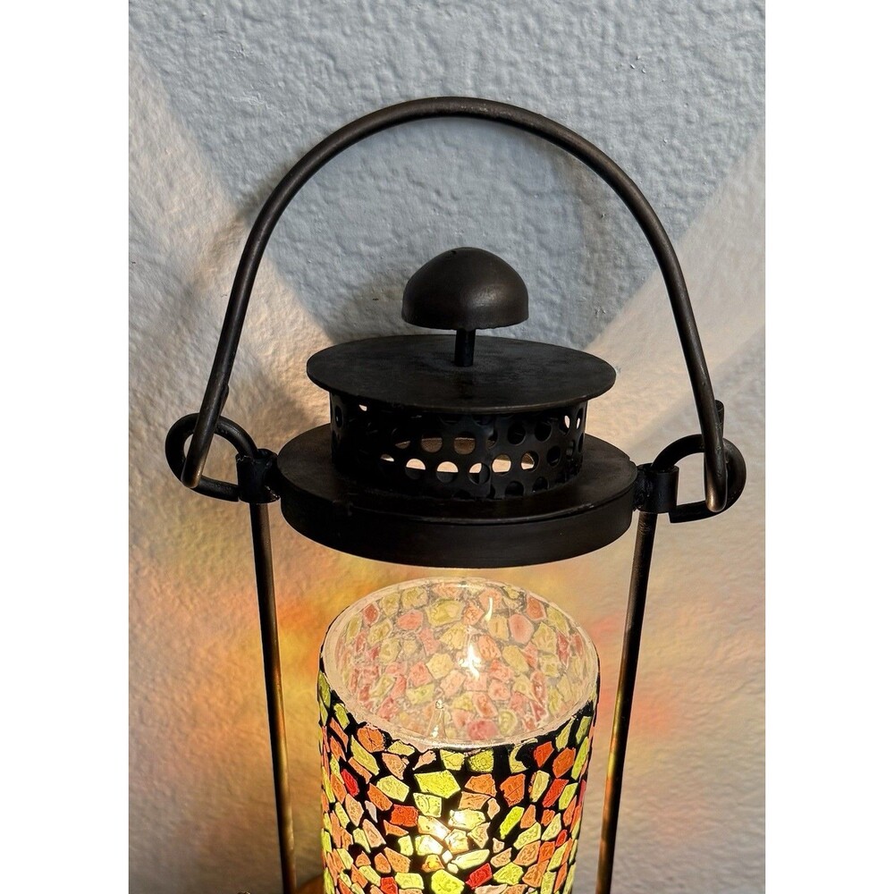 VTG-1950s- Antique Handcrafted Lantern Black Iron Frame & mosaic glass